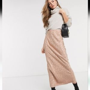 Asos Design Tall Leopard Jacquard Bias Midi Skirt Pale Pink